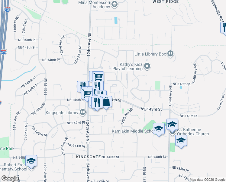 map of restaurants, bars, coffee shops, grocery stores, and more near 12624 Northeast 144th Street in Kirkland