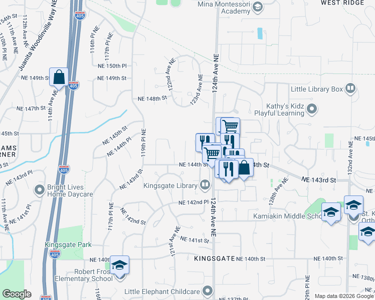 map of restaurants, bars, coffee shops, grocery stores, and more near 14405 122nd Place Northeast in Kirkland