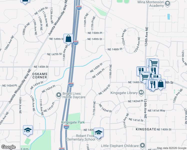 map of restaurants, bars, coffee shops, grocery stores, and more near 14341 118th Avenue Northeast in Kirkland
