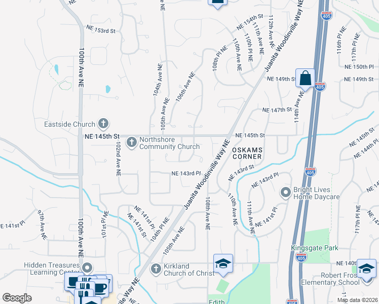 map of restaurants, bars, coffee shops, grocery stores, and more near 10607 Northeast 144th Street in Kirkland