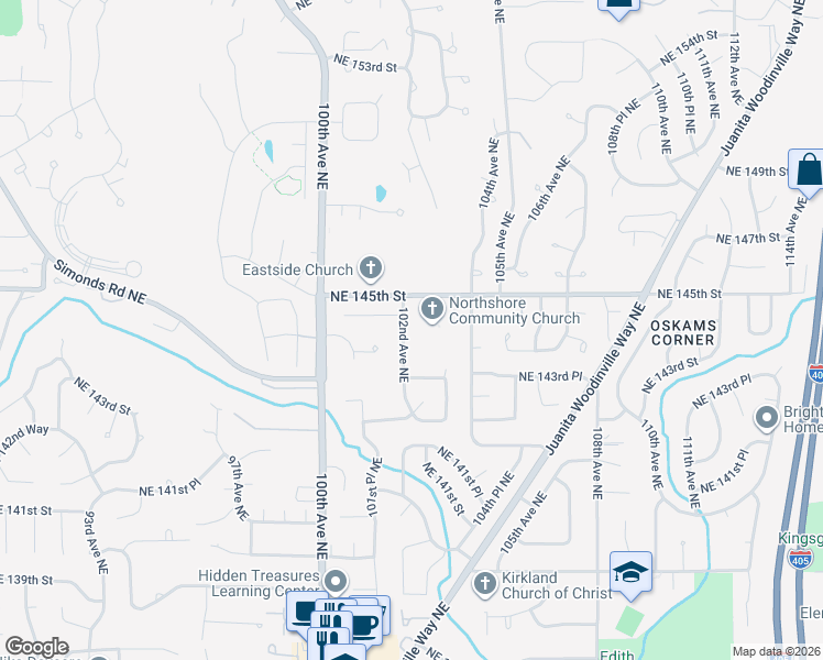 map of restaurants, bars, coffee shops, grocery stores, and more near 14357 102nd Avenue Northeast in Kirkland