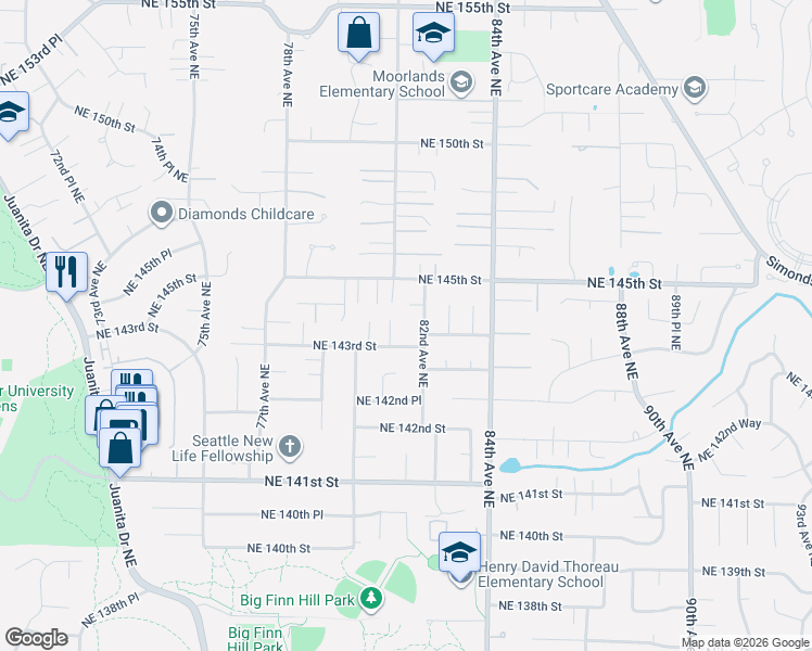 map of restaurants, bars, coffee shops, grocery stores, and more near 14311 82nd Avenue Northeast in Kirkland