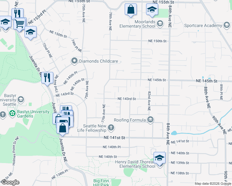 map of restaurants, bars, coffee shops, grocery stores, and more near 7725 Northeast 143rd Street in Bothell