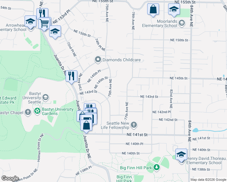 map of restaurants, bars, coffee shops, grocery stores, and more near 14253 76th Place Northeast in Kirkland