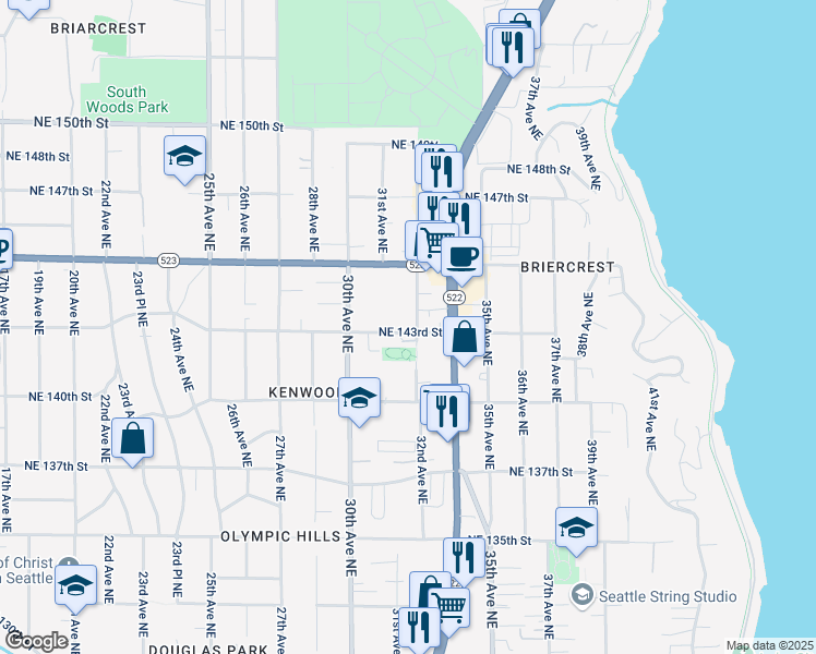 map of restaurants, bars, coffee shops, grocery stores, and more near 3215 Northeast 143rd Street in Seattle
