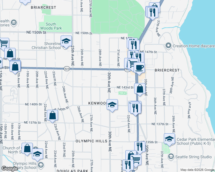 map of restaurants, bars, coffee shops, grocery stores, and more near 14046 30th Avenue Northeast in Seattle