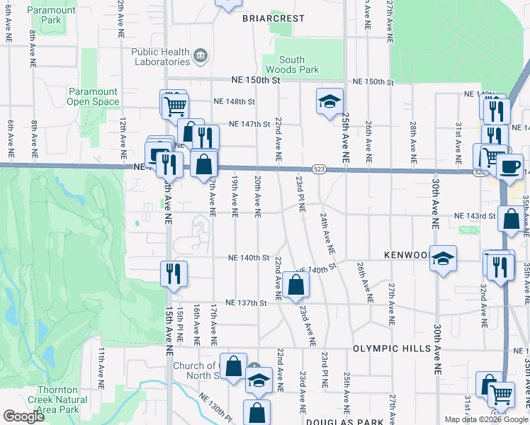 map of restaurants, bars, coffee shops, grocery stores, and more near 14046 20th Avenue Northeast in Seattle