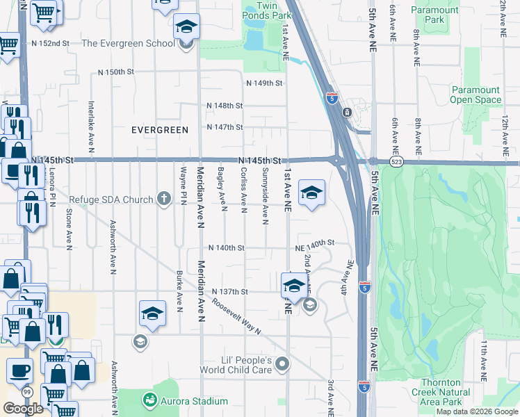 map of restaurants, bars, coffee shops, grocery stores, and more near 14034 Corliss Avenue North in Seattle