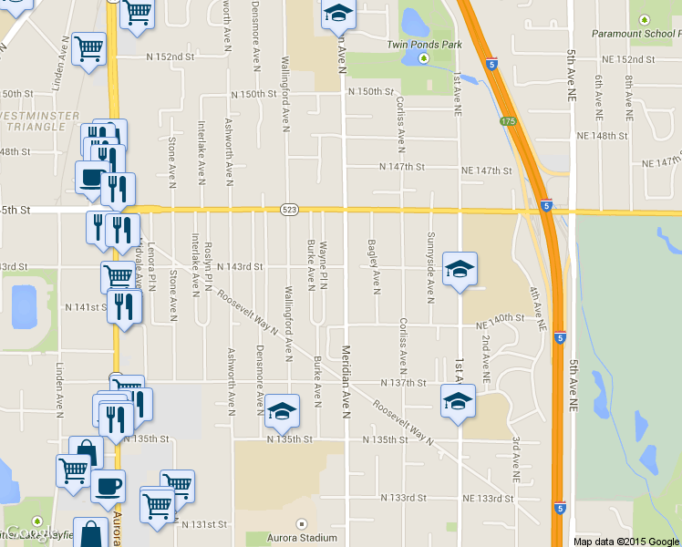 map of restaurants, bars, coffee shops, grocery stores, and more near 14026 Meridian Avenue North in Seattle