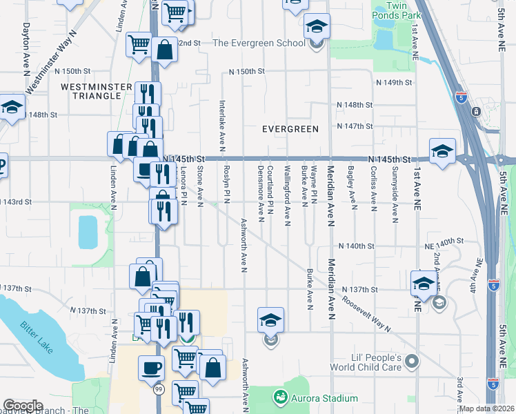 map of restaurants, bars, coffee shops, grocery stores, and more near 14031 Courtland Place North in Seattle