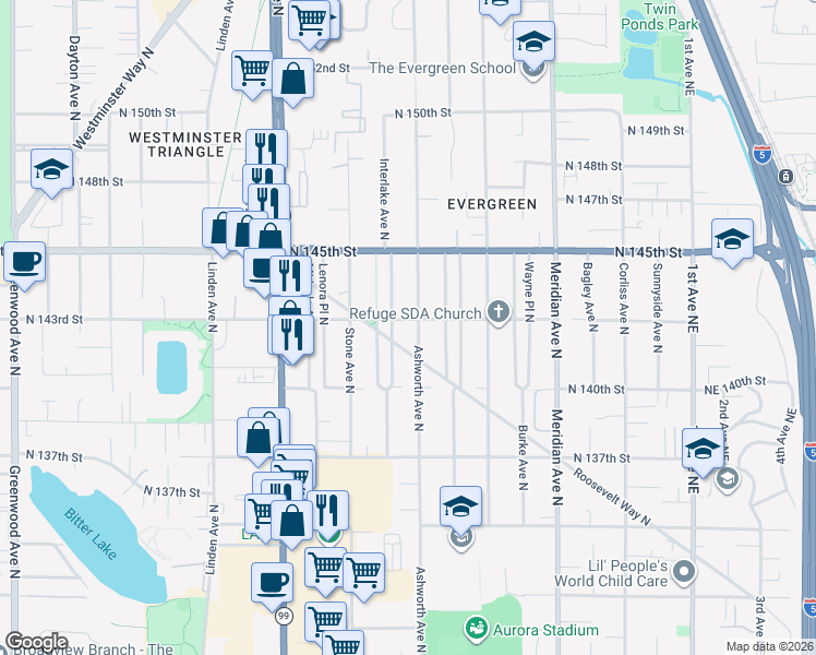 map of restaurants, bars, coffee shops, grocery stores, and more near in Seattle