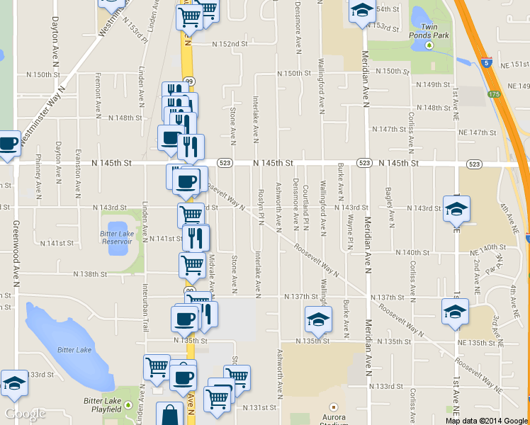 map of restaurants, bars, coffee shops, grocery stores, and more near in Seattle