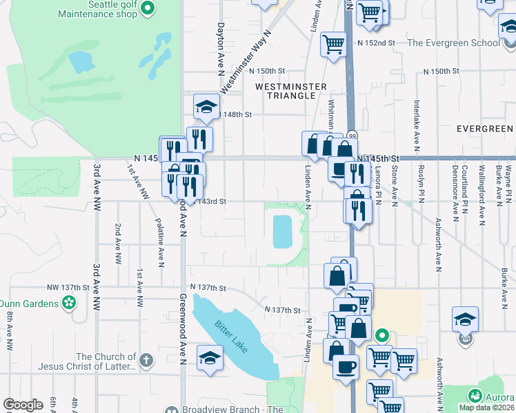 map of restaurants, bars, coffee shops, grocery stores, and more near 629 North 143rd Street in Seattle