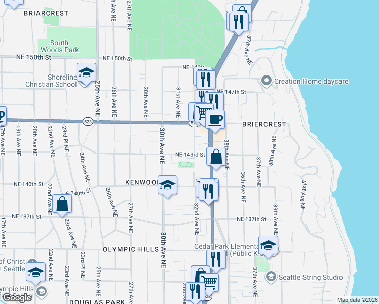 map of restaurants, bars, coffee shops, grocery stores, and more near 14303 32nd Avenue Northeast in Seattle
