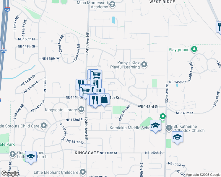 map of restaurants, bars, coffee shops, grocery stores, and more near 12636 Northeast 144th Street in Kirkland