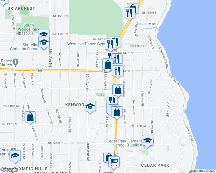 map of restaurants, bars, coffee shops, grocery stores, and more near 3215 Northeast 143rd Street in Seattle