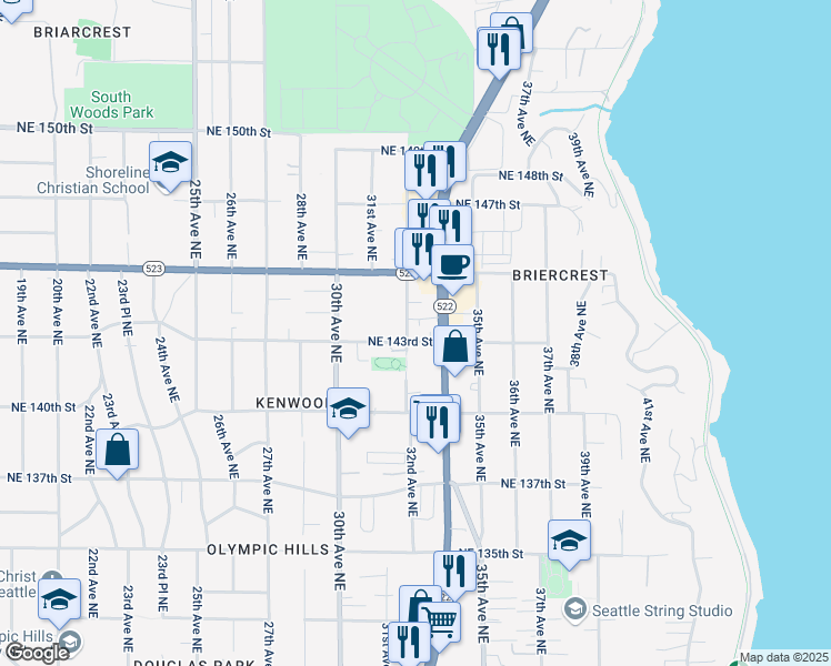 map of restaurants, bars, coffee shops, grocery stores, and more near 3215 Northeast 143rd Street in Seattle