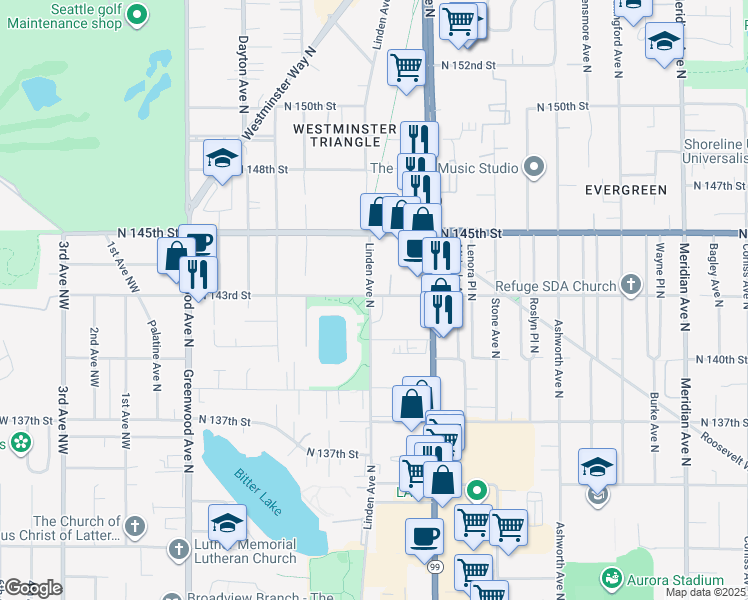 map of restaurants, bars, coffee shops, grocery stores, and more near 14108 Linden Avenue North in Seattle