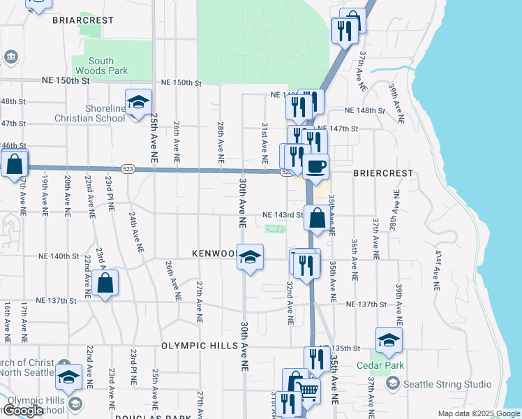 map of restaurants, bars, coffee shops, grocery stores, and more near 3024 Northeast 143rd Street in Seattle