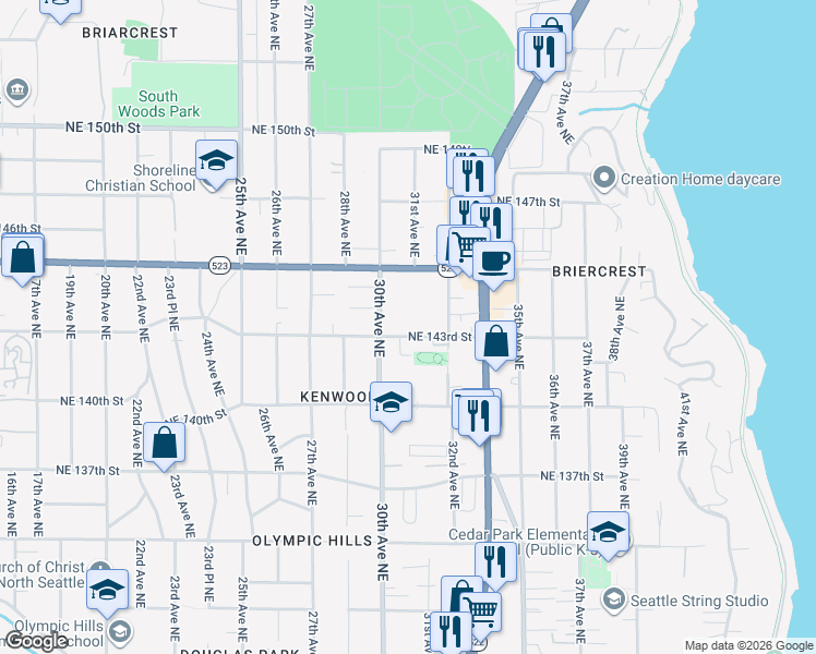 map of restaurants, bars, coffee shops, grocery stores, and more near 3024 Northeast 143rd Street in Seattle