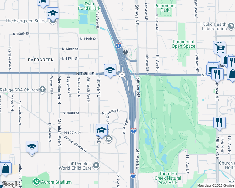 map of restaurants, bars, coffee shops, grocery stores, and more near 14079 4th Avenue Northeast in Seattle