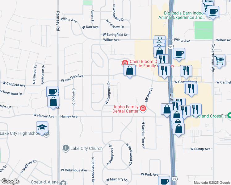 map of restaurants, bars, coffee shops, grocery stores, and more near 6630 North Spurwing Loop in Coeur d'Alene