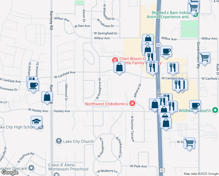 map of restaurants, bars, coffee shops, grocery stores, and more near 6740 Spurwing Loop in Coeur d'Alene