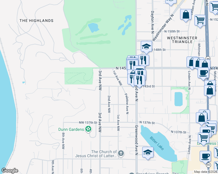 map of restaurants, bars, coffee shops, grocery stores, and more near 14212 2nd Avenue Northwest in Seattle