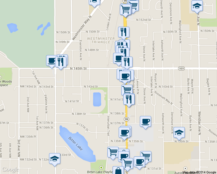 map of restaurants, bars, coffee shops, grocery stores, and more near 14328 Linden Avenue North in Seattle