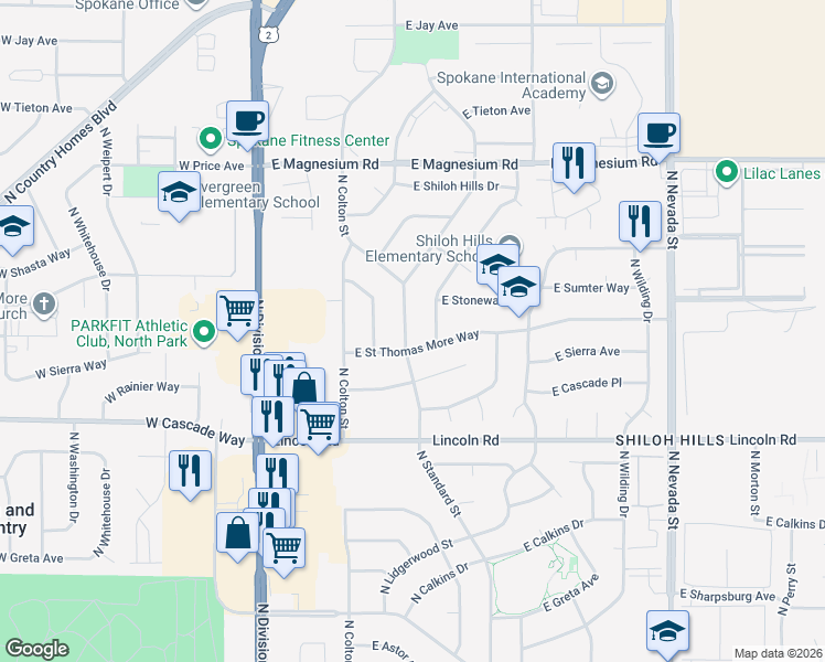 map of restaurants, bars, coffee shops, grocery stores, and more near 8215 North Antietam Drive in Spokane