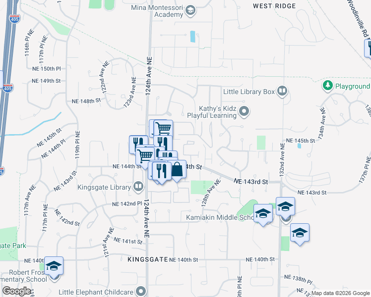 map of restaurants, bars, coffee shops, grocery stores, and more near 12616 Northeast 144th Street in Kirkland
