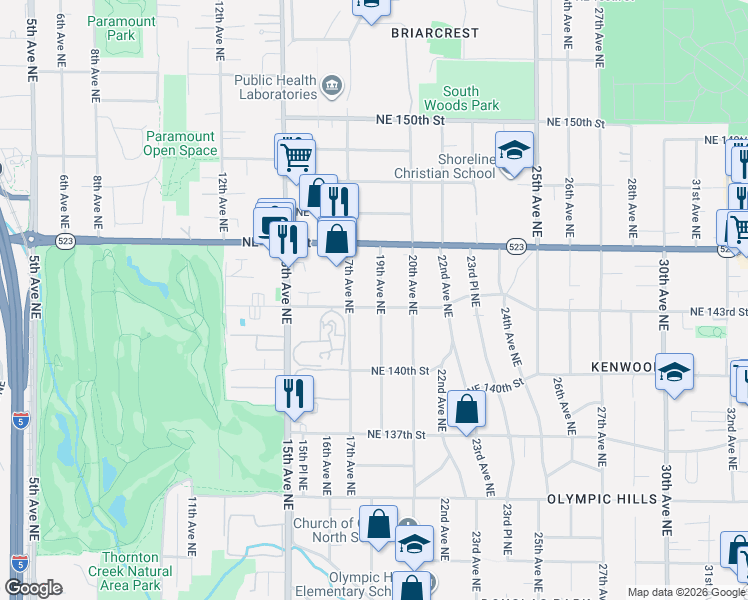 map of restaurants, bars, coffee shops, grocery stores, and more near 14334 19th Avenue Northeast in Seattle