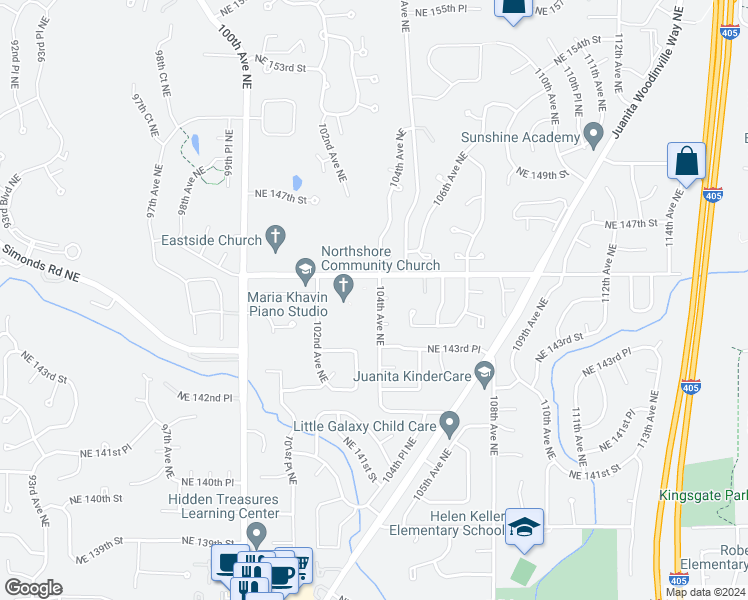map of restaurants, bars, coffee shops, grocery stores, and more near 14371 104th Avenue Northeast in Bothell