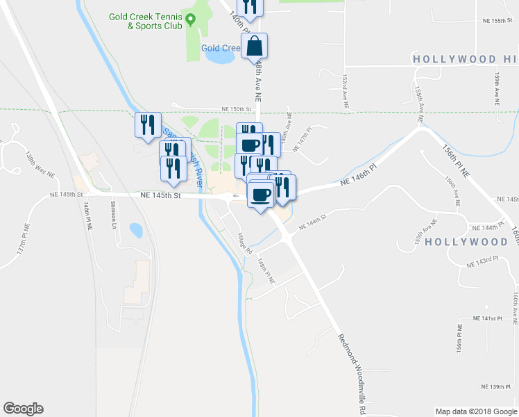 map of restaurants, bars, coffee shops, grocery stores, and more near 14481 Woodinville Redmond Road Northeast in Woodinville