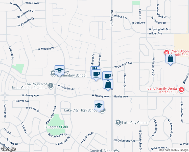 map of restaurants, bars, coffee shops, grocery stores, and more near 302 West Reston Court in Coeur d'Alene