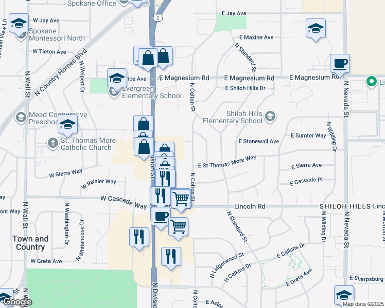 map of restaurants, bars, coffee shops, grocery stores, and more near 8126 North Colton Street in Spokane