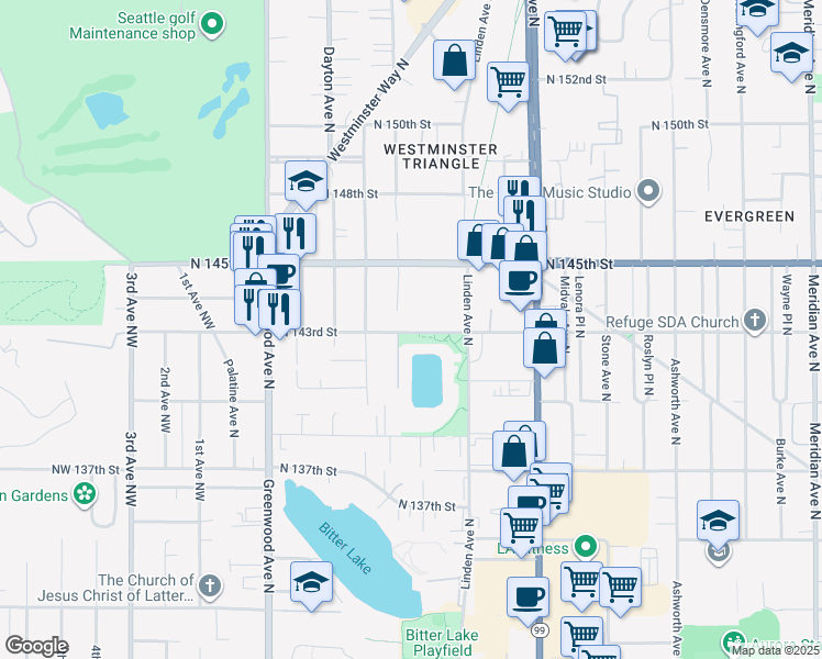 map of restaurants, bars, coffee shops, grocery stores, and more near 14489 Fremont Avenue North in Seattle