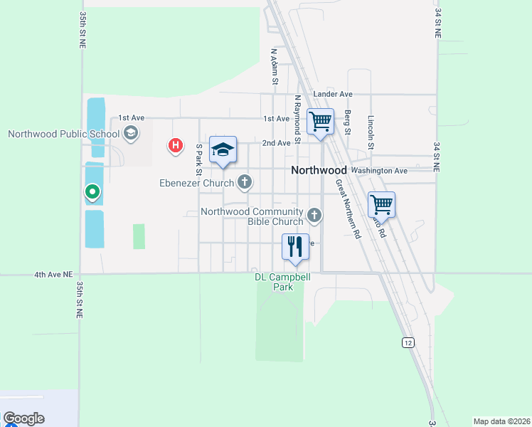 map of restaurants, bars, coffee shops, grocery stores, and more near 304 3rd Avenue in Northwood
