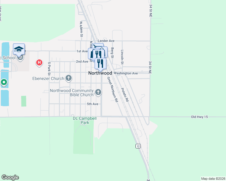 map of restaurants, bars, coffee shops, grocery stores, and more near Potato Road in Northwood