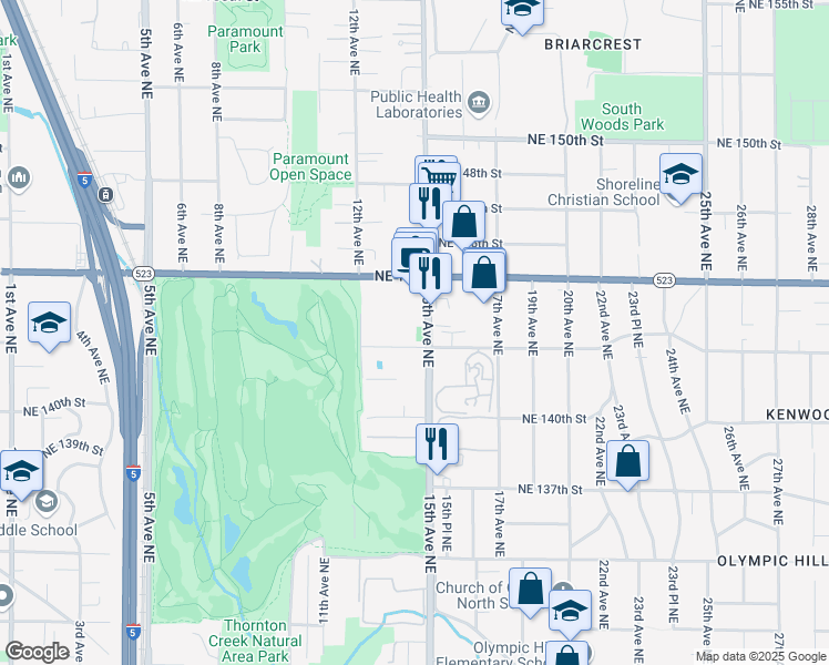 map of restaurants, bars, coffee shops, grocery stores, and more near 14343 15th Avenue Northeast in Seattle