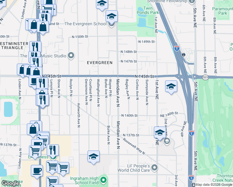 map of restaurants, bars, coffee shops, grocery stores, and more near 14320 Meridian Avenue North in Seattle