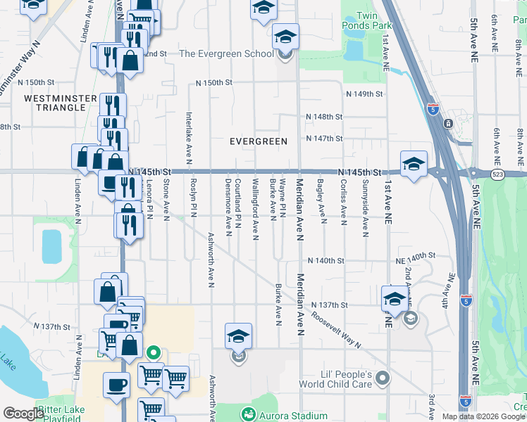 map of restaurants, bars, coffee shops, grocery stores, and more near 14323 Wallingford Avenue North in Seattle