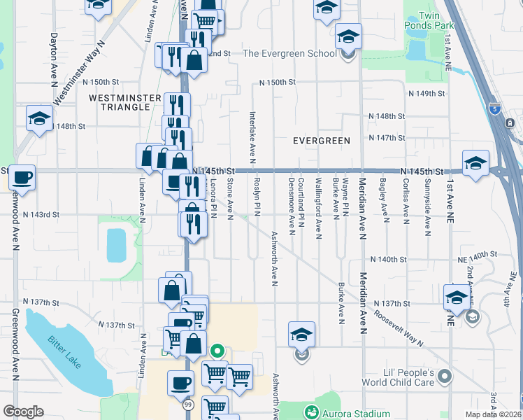 map of restaurants, bars, coffee shops, grocery stores, and more near 14323 Ashworth Avenue North in Seattle