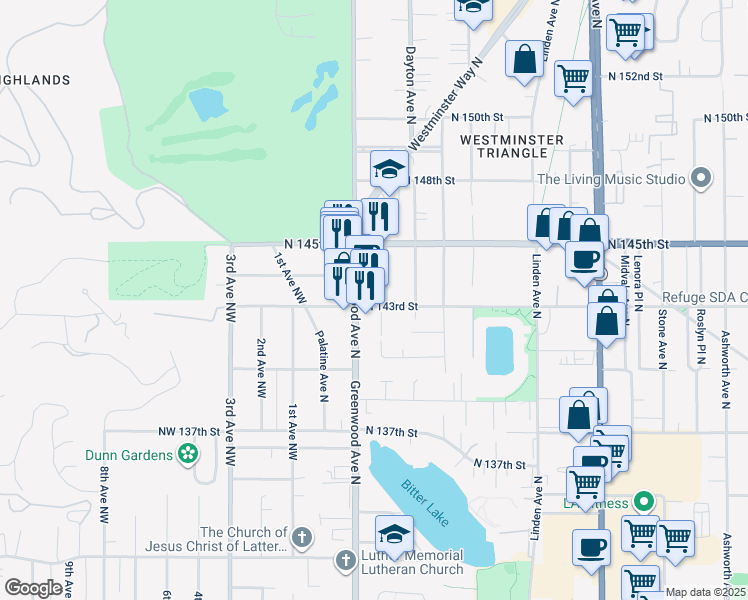 map of restaurants, bars, coffee shops, grocery stores, and more near 14314 Greenwood Avenue North in Seattle