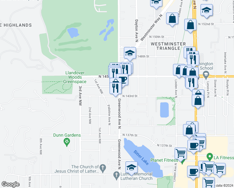 map of restaurants, bars, coffee shops, grocery stores, and more near 141 North 144th Street in Seattle