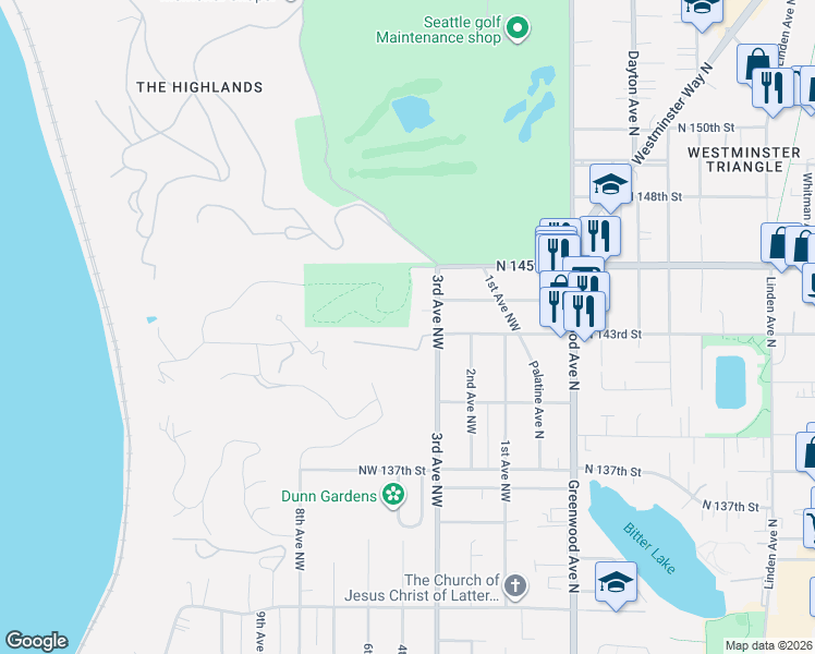 map of restaurants, bars, coffee shops, grocery stores, and more near 14321 3rd Avenue Northwest in Seattle