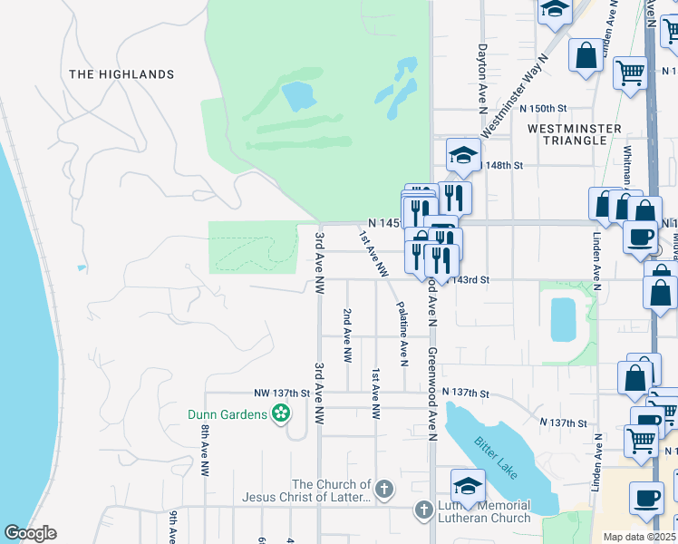 map of restaurants, bars, coffee shops, grocery stores, and more near 206 Northwest 143rd Street in Seattle