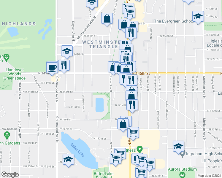 map of restaurants, bars, coffee shops, grocery stores, and more near 14329 Linden Ave N in Seattle