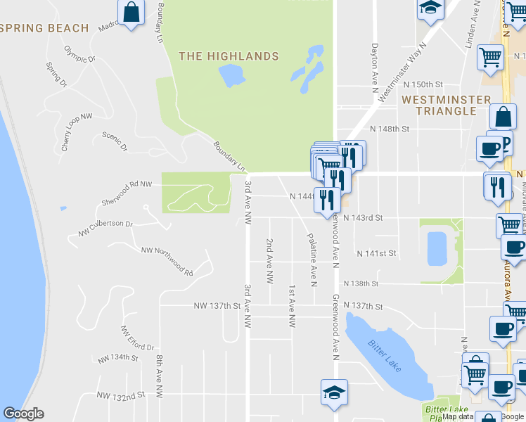 map of restaurants, bars, coffee shops, grocery stores, and more near 206 Northwest 143rd Street in Seattle