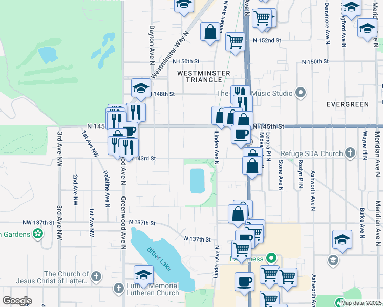 map of restaurants, bars, coffee shops, grocery stores, and more near 14489 Fremont Avenue North in Seattle